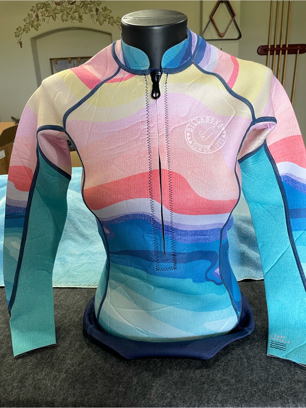 Billabong Pink, Coral and Blue Striped Surf Rash Guard